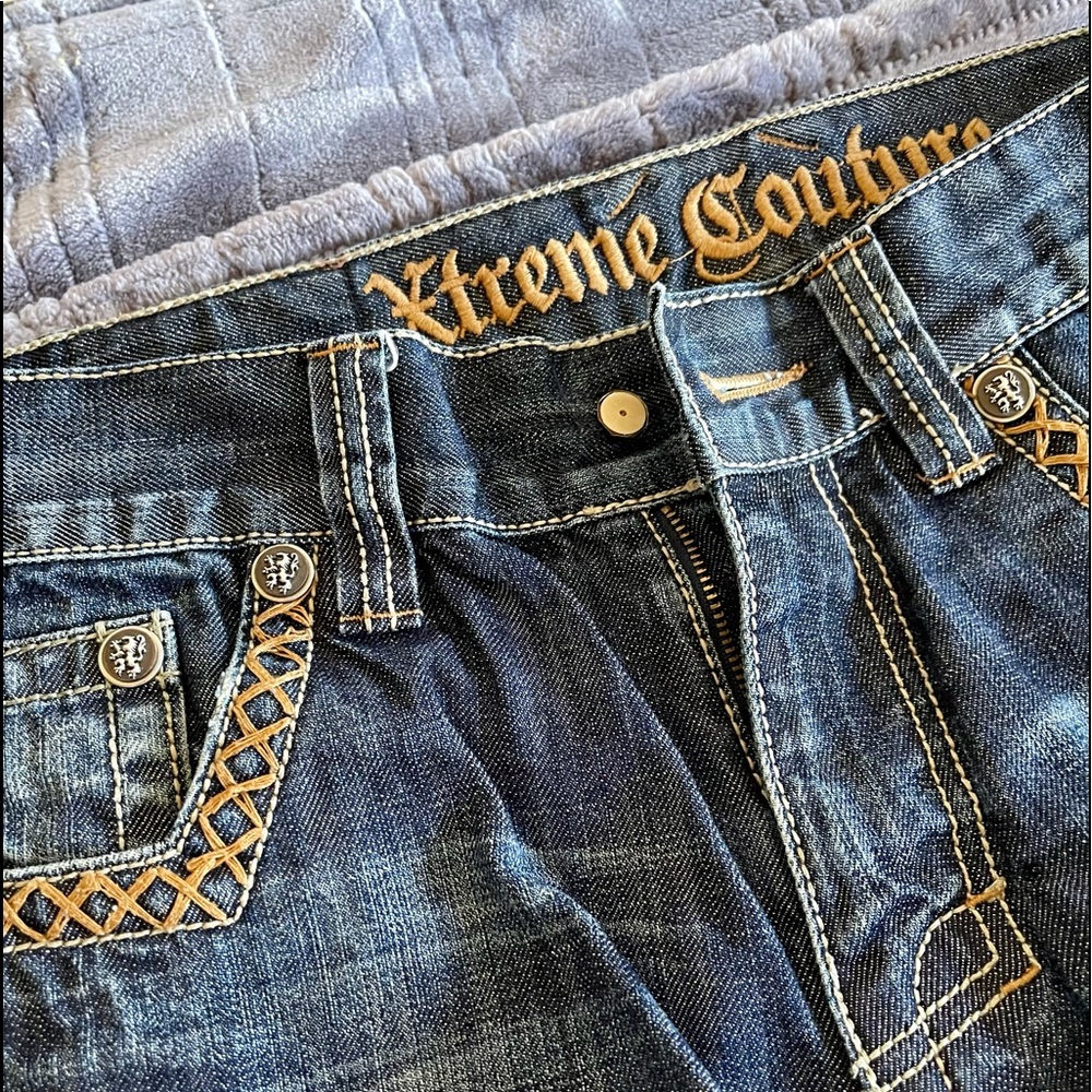 Xtreme Couture Jeans
Waist 17in
Leg opening 7in
Length 35in